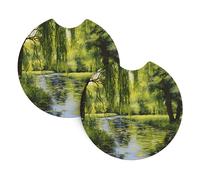 YYHWHJDE Willow Trees by The Pond Pattern Car Coasters 2 Pack - Durable Waterproof Cup Holder Coasters for Car Interior Protection and Decoration