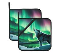 YYHWHJDE Wolves Howl in the Northern Lights Pattern Square Insulation Pot Mat 2 Pieces Thick and durable with lanyard for Microwave Ovens, Ovens, Outdoor Grilling