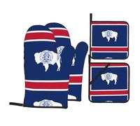YYHWHJDE Wyoming State Flag Oven Mitts and Pot Holders Set, Waterproof Polyester with Heat-Insulating Cotton, 4 Piece