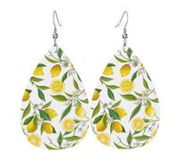 YYHWHJDE Yellow Lemon Prints Teardrop Leather Earrings - Lightweight Dangle Earrings for Women, Vivid Faux Leather Drops with Silver Plated Hooks, Chic Jewelry for Parties & Gifts