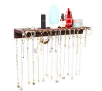 YYILIS Necklace Holder, Upgraded Extra Large Wall Necklace Organizer with 30 Hooks Wall Mounted Necklace Hanger with Jewelry Tray/Cosmetics Shelf Rustic Pine Wood Holder (Walnut)