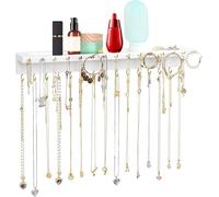 YYILIS Necklace Holder, Upgraded Wall Necklace Organizer with 30 Hooks Wall Mounted Necklace Hanger with Jewelry Tray/Cosmetics Shelf Rustic Pine Wood Holder for Necklaces and Bracelets
