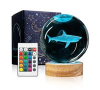 YYLZEPHB 3D Crystal Ball Night Light with Wooden Base, 3.15" Shark Glass Ball Lamp, 16 Colors, Remote Control, Cool Desk Decor, Shark Gifts