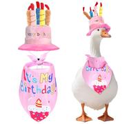 Yymobt Happy Birthday Porch Goose Outfits with Birthday Cake Hat and Bandana for 17" 23" Cement Lawn Goose Statue Costume for Luau Party Outdoor Garden Yard Decor (Pink)