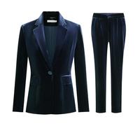 YYNUDA 2-Piece Set Outfit Women's Velvet Blazer Pant Suit Set Office Elegant Trouser Suit Slim Fit Stretch Business with Pockets Solid Color Festive Streetwear Suits Casual Navy M
