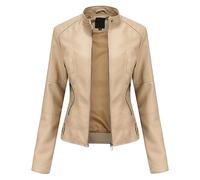 YYNUDA PU Leather Jacket Women Zip Up Short Bomber Biker Moto Jacket Standing Collar Crew Neck Motorcycle Coat Beige 4XL