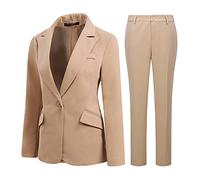 YYNUDA Women's 2 Piece Set One Button Solid Colour Casual Business Trousers Suits Office Skirt Suits Apricot(Blazer+Pants) L