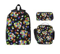 Yyoretp 3Pcs Adjustable Versatile Large Capacity Autism Awareness Puzzle Pieces Heart Print Backpack Lunch Box and Pencil Case