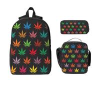 Yyoretp 3Pcs Adjustable Versatile Large Capacity Colorful Cannabis Leaves Print Backpack Lunch Box and Pencil Case