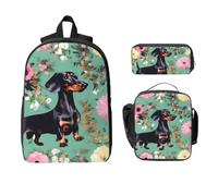 Yyoretp 3Pcs Adjustable Versatile Large Capacity Dachshund Florals Print Backpack Lunch Box and Pencil Case