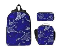 Yyoretp 3Pcs Adjustable Versatile Large Capacity Manta Ray and Fish Print Backpack Lunch Box and Pencil Case