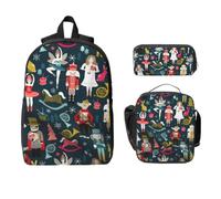Yyoretp 3Pcs Adjustable Versatile Large Capacity Women's Nutcracker Ballet Xmas Dance Print Backpack Lunch Box and Pencil Case