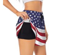 Yyoretp American Flag Print Womens Athletic Sweat Short Summer Double-Layer Casual Workout Shorts with Liner Black