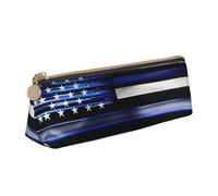 Yyoretp American Thin Blue Line Flag Print Leather Pencil Pouch Cosmetic Makeup Case Pen Office Stationery Markers Bag