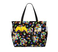Yyoretp Autism Awareness Puzzle Pieces Heart Print Large Beach Bag for Women Waterproof Sandproof Beach Tote Bags Foldable Pool Bag