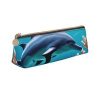 Yyoretp Beautiful Underwater World Dolphins Coral Print Leather Pencil Pouch Cosmetic Makeup Case Pen Office Stationery Markers Bag