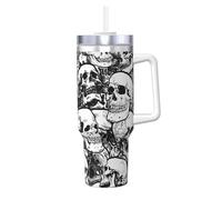 Yyoretp Black and White Skulls Pattern Print Ice Bully Cup with Handle Straw Lid Straw,Stainless Steel Tumbler Coffee Cup,40 OZ