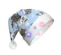 Yyoretp Blue Chinchillas And Moon Print LED Christmas Hats,Light Up Xmas Hat Adult,Santa Hat For New Year Festive Party