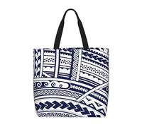 Yyoretp Blue Polynesian Maori Tribal Pattern Print Large Capacity Tote Bag with Zipper,Reusable Grocery Shoulder Bag for Shopping