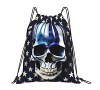 Yyoretp Blue Stripe Stars Skull Print Drawstring Backpack Sports Gym Beach Sack Dance Yoga Cinch Bag for Women Men