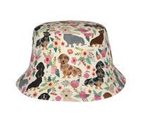 Yyoretp Dachshund Floral Print Bucket Hats Sun Cap Foldable Fisherman Hat Beach Sun Protective for Travel Camping Black