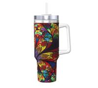 Yyoretp Flower Stained Glass Print Ice Bully Cup with Handle Straw Lid Straw,Stainless Steel Tumbler Coffee Cup,40 OZ