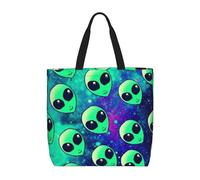 Yyoretp Green aliens Print Large Capacity Tote Bag with Zipper,Reusable Grocery Shoulder Bag for Shopping