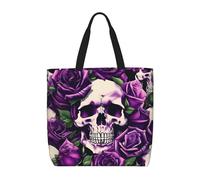 Yyoretp many Purple Rose Skull Print Large Capacity Tote Bag with Zipper,Reusable Grocery Shoulder Bag for Shopping