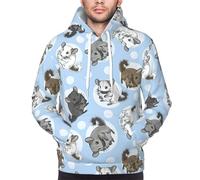 Yyoretp Mens Blue Chinchillas And Moon Print Pullover Hoodie Drawstring Long Sleeve Hooded Sweatshirt with Kangaroo Pocket
