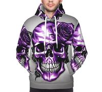 Yyoretp Mens Purple Rose and Skull Print Pullover Hoodie Drawstring Long Sleeve Hooded Sweatshirt with Kangaroo Pocket