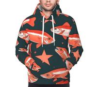 Yyoretp Mens Salmon Print Pullover Hoodie Drawstring Long Sleeve Hooded Sweatshirt with Kangaroo Pocket Black