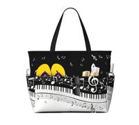 Yyoretp Piano Keys with Musical Notes Print Large Beach Bag Women Waterproofes Foldable Zipper Totes Bag for Vacation Travel.