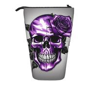 Yyoretp Purple Rose and Skull Print Telescopic Pen Bag Pen Holder Pop Up Storage Case,Standing Portable Pen Case
