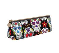 Yyoretp Sugar Skulls Print Leather Pencil Pouch Cosmetic Makeup Case Pen Office Stationery Markers Bag