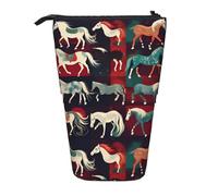 Yyoretp Various Kinds of Horses Print Telescopic Pen Bag Pen Holder Pop Up Storage Case,Standing Portable Pen Case
