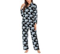 Yyoretp Women's Elephant Print Long Sleeve Pajamas Button Down 2 Piece Pjs with Pockets,Warm Sleepwear Black