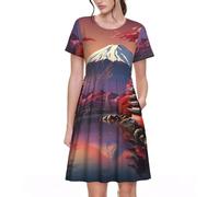 Yyoretp Women's Japan Mount Fuji Landscape Print Summer Casual Short Sleeve Dresses Tshirt Beach Dress with Pockets Black