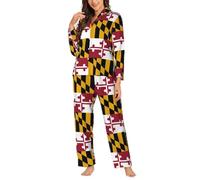 Yyoretp Women's Maryland State Flag Print Long Sleeve Pajamas Button Down 2 Piece Pjs with Pockets,Warm Sleepwear Black