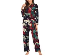 Yyoretp Women's Various Kinds of Horses Print Long Sleeve Pajamas Button Down 2 Piece Pjs with Pockets,Warm Sleepwear Black