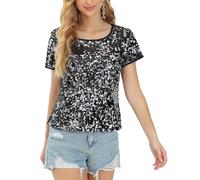 YYPBI Women Sequin Tops Sparkly Shirts Glitter Short Sleeve Round Neck Blouse Shirt Party Casual Tunic Top Black and Silver, S