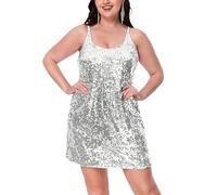YYPBI Women's Sequin Dress Sparkly Adjustable Strap Mini Dress Party Club Cocktail Glitter Dresses Silver, M