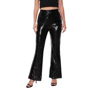 YYPBI Womens Sequin Pants Sparkly High Waisted Wide Leg Flared Trousers Glitter Disco Club Party Flare Leggings Black L