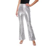 YYPBI Womens Sequin Pants Sparkly High Waisted Wide Leg Flared Trousers Glitter Disco Club Party Flare Leggings Silver L