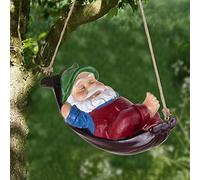 YYPLIAN Funny Garden Gnomes, Cute Gnomes Decorations Outdoor Hanging Statue, Sleepy Gnome in Swing Leaf Hammock Resin Tree Ornaments Figurines for Stump Branch Lawn Patio Decor (Green)