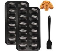 YYTECH 2 Pack Madeleine Pan with Silicone Brush, 12 Cup Heavy Duty Shell Shape Madeline Tray, Non-Stick Coating French Shell Cake Mould, for Oven Baking, Chocolate, Cakes, Candy, Cookies, Black