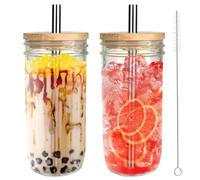 YYTECH Glass Cups Tumbler with Lids and Straws 2 Pack Mason Jar Drinking Glasses 24oz/710ml Iced Coffee Cup Reusable Glass Tumblers for Smoothies, Whiskey, Water, Beer, Cocktail, Coke, Juice