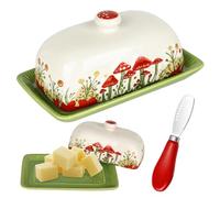 YYTECH Green Butter Dish with Lid, 7.5*4.2 in Ceramic Butter Dish with Lid, Butter Keeper with Mini Red Butter Knife, Cute Mushroom Butter Storage Dish Covered for Home, Kitchen, Keeping Butter