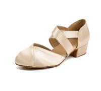 YYTing Women Swing Latin Ballroom Dance Shoes (Closed Toe, Suede Sole, Elastic Closure) 1.5 inch Heel YT26, Beige, 7.5 UK