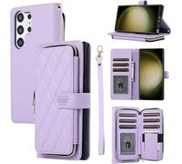 YYTVN Wallet Case for Samsung Galaxy S25 Ultra 6.9 inch with Zipper Card Holder & Shoulder Strap & Wrist Strap, Crossbody Purse Handbag Stylish Protective Cover for Galaxy S25 Ultra -Purple