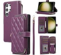 YYTVN Wallet Case for Samsung Galaxy S25 Ultra 6.9 inch with Zipper Card Holder & Shoulder Strap & Wrist Strap, Crossbody Purse Handbag Stylish Protective Cover for Galaxy S25 Ultra -Dark Purple